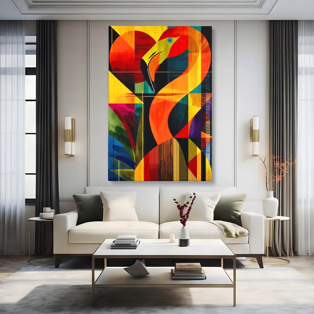 Tablou canvas cu tablou canvas cu flamingo geometric, fara rama, pe sasiu de lemn, pe perete intr-un living